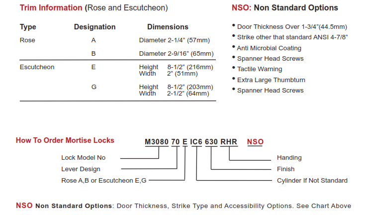 When ordering a part, specify (in this order): Lock Model No., Lever Design, Rose A, B or Escutcheon E, G; Cylinder if not standard, Finish, and handing. Append
					'NSO' if the order is nonstandard.